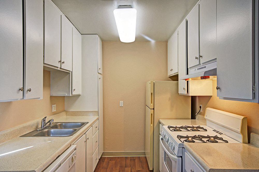 a kitchen with a stove and sink and a refrigerator